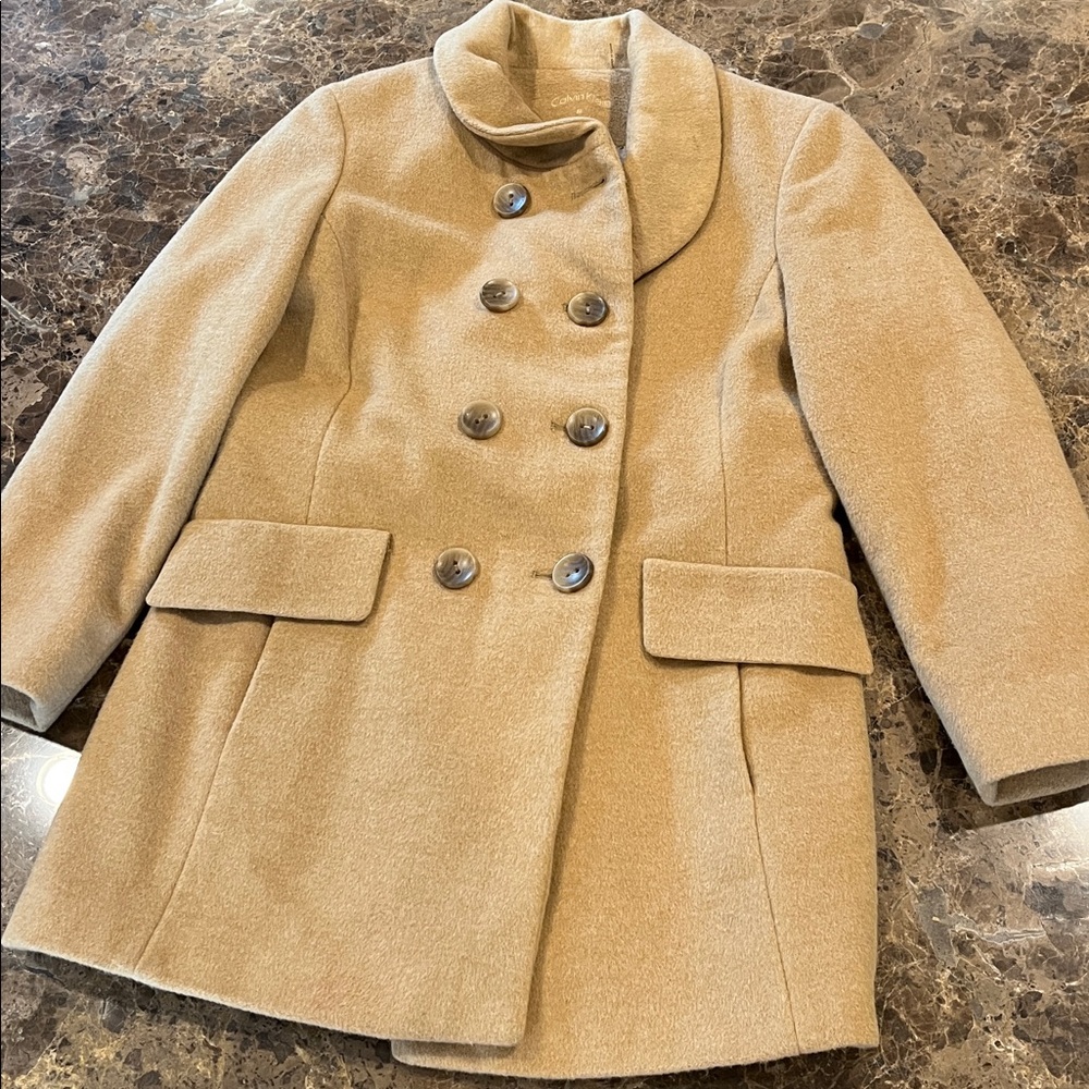 Calvin Klein Wool Blend Double Breasted Camel Overcoat size 8